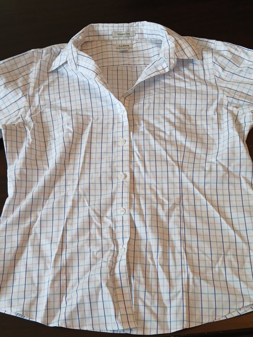 L.L. Bean White Button-Down Shirt with Blue Windowpane Check